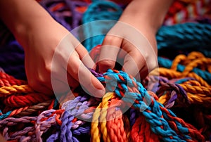 Generative AI, peoples hands working together to untangle a knotted rope.