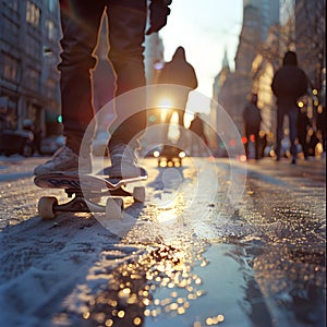 Generative AI. A person is energetically riding a skateboard on a bustling city street