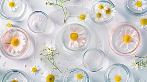 Generative AI Petri dishes with chamomile flowers and cosmetic product on white background top view business conce