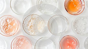 Generative AI Petri dishes with cosmetic on white background Top view flat lay Concept skincare Dermatology scienc