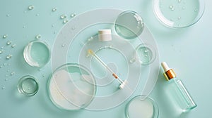Generative AI Petri dishes with samples of cosmetic serums bottle and pipettes on light blue background flat lay b photo