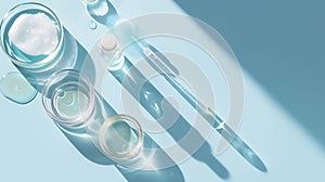 Generative AI Petri dishes with samples of cosmetic serums bottle and pipettes on light blue background flat lay b photo