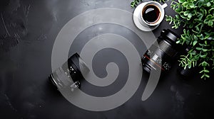 Generative AI Photographer work desk composition with camera lens plant and coffe mug Top view flat lay with copy