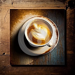 Generative AI picture of top view of cup of aromatic delicious cappuccino with latte art served on wooden board on table