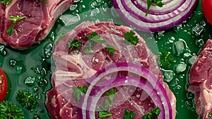 Generative AI Pieces of pork meat with parsley purple onion rings and tomato raw fresh steaks concept Sea salt spi