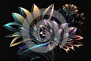 Generative AI pink blue neon paper flowers, floral design, holographic botanical background, ultraviolet spectrum on black