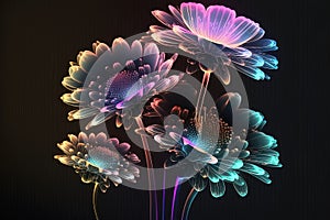 Generative AI pink blue neon paper flowers, floral design, holographic botanical background, ultraviolet spectrum on black