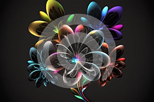 Generative AI pink blue neon paper flowers, floral design, holographic botanical background, ultraviolet spectrum on black