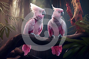 Generative AI: pink cockatoos in a in a branch in the forest