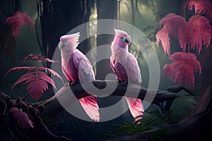 Generative AI: pink cockatoos in a in a branch in the forest