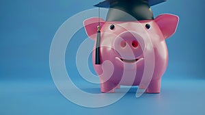 Generative AI Pink piggy money bank with graduation cap with copy space over blue background business concept.