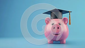 Generative AI Pink piggy money bank with graduation cap with copy space over blue background business concept.