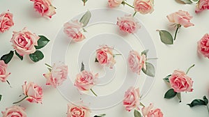 Generative AI Pink roses on white background Flat lay top view business concept.