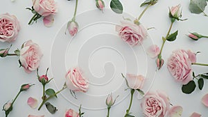Generative AI Pink roses on white background Flat lay top view business concept.