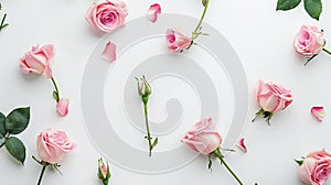 Generative AI Pink roses on white background Flat lay top view business concept.