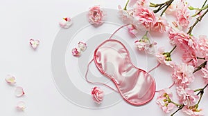 Generative AI Pink satin eye sleeping mask and fresh spring flowers on white background Insomnia sleeplessness dis