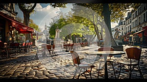 Generative AI The Place du Tertre with tables of cafe and the SacreCoeur in the morning quarter Montmartre in Pari