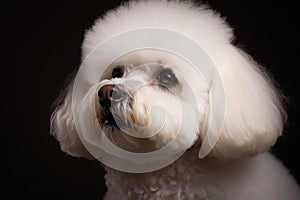 Generative AI. Portrait of a Bichon Frise dog in close-up on a dark background