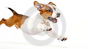 Generative AI Portrait of cute playful puppy of Jack Russell Terrier in motion, jumping isolated over white studio