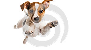 Generative AI Portrait of cute playful puppy of Jack Russell Terrier in motion, jumping isolated over white studio