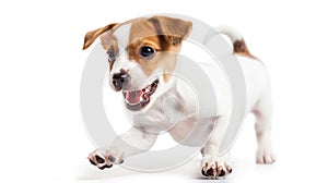 Generative AI Portrait of cute playful puppy of Jack Russell Terrier in motion, jumping isolated over white studio