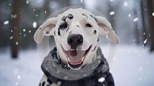 Generative AI. Portrait of a happy Dalmatian sitting outside in a warm scarf. Winter walk