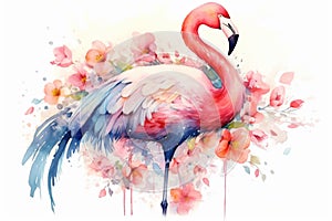 Generative AI. Portret of a Flamingo bird, watercolor painting. Red flamingo