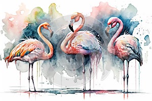 Generative AI. Portret of three Flamingo birds, watercolor painting. Red flamingo