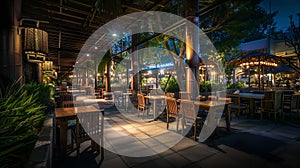 Generative AI portrtait of beautiful outdoor and indoor restaurant view in night illumination business concept.