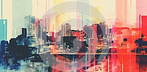 Generative AI, Poster with cityscape in risograph and glitch style