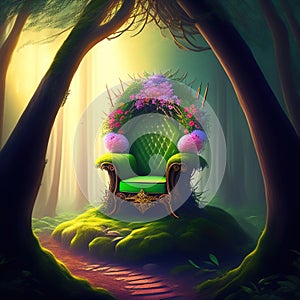 Generative AI: princess or fairy throne for children`s tales in the forest