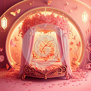 Generative AI: princess room in pink baroque style with beautiful ornaments