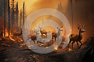 Generative AI problem of forest fires, climate change and global warming. Hell on earth. A herd of deer are trying to