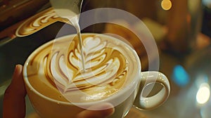 Generative AI Professional barista pouring steamed milk into coffee cup making beautiful latte art Rosetta pattern