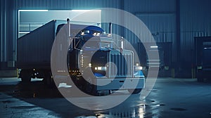 Generative AI Professional grade Big rig blue semi truck with open door empty semi trailer standing at warehouse p
