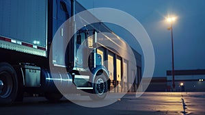 Generative AI Professional grade Big rig blue semi truck with open door empty semi trailer standing at warehouse p