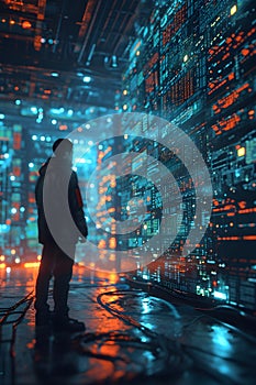 businessman working on a virtual screen in a server room at night.