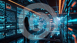 businessman working on a virtual screen in a server room at night.