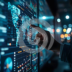 businessman working on a virtual screen in a server room at night.