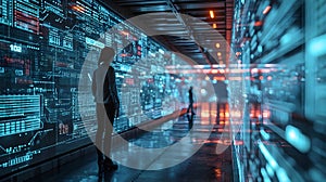 businessman working on a virtual screen in a server room at night.