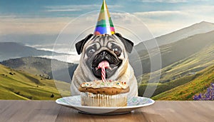 Generative Ai pug is waiting for birthday cake on mountain background