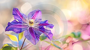 Generative AI Purple clematis flower on light background in blur texture filter Beautiful abstract creative flower