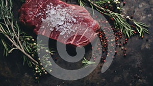 Generative AI, Raw fresh beef steak on the table with herbs and spices