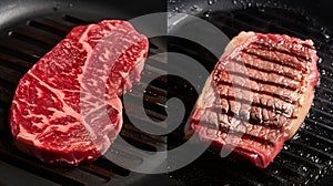 Generative AI Raw fresh meat Top Blade steaks on wood cutting board and Grilled meat Top Blade steaks on frying pa