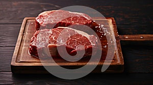 Generative AI Raw fresh meat Top Blade steaks on wood cutting board and Grilled meat Top Blade steaks on frying pa