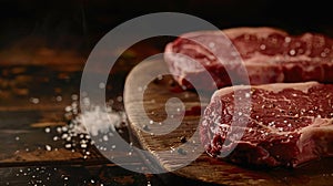 Generative AI Raw fresh meat Top Blade steaks on wood cutting board and Grilled meat Top Blade steaks on frying pa