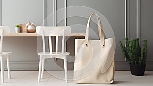 Generative AI, Realistic beige tote canvas fabric bag set-up in at home interior