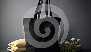 Generative AI, Realistic black tote canvas fabric bag set-up in at home interior
