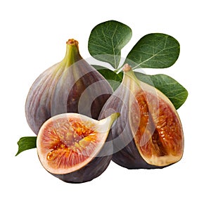 Generative AI realistic picture of whole and halved fresh ripe fig fruits with green leaves against white background