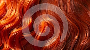 Generative AI Red hair closeup as a background Womens long orange hair Beautifully styled wavy shiny curls Hair co